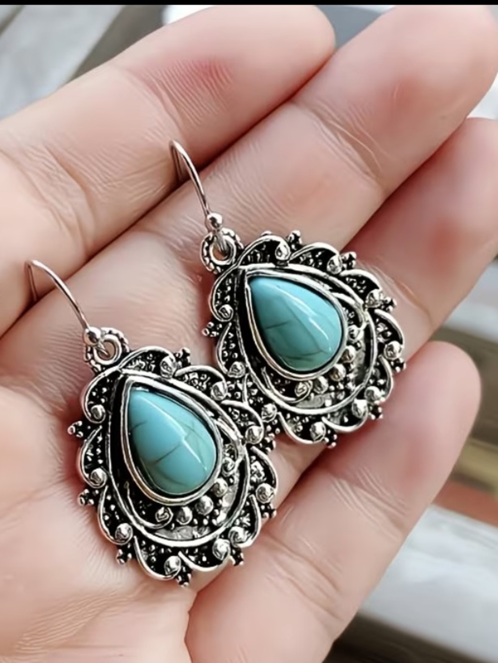 VINTAGE Turquoise Aquamarine  Dangle Teardrop Silver Filigree Earrings NWT